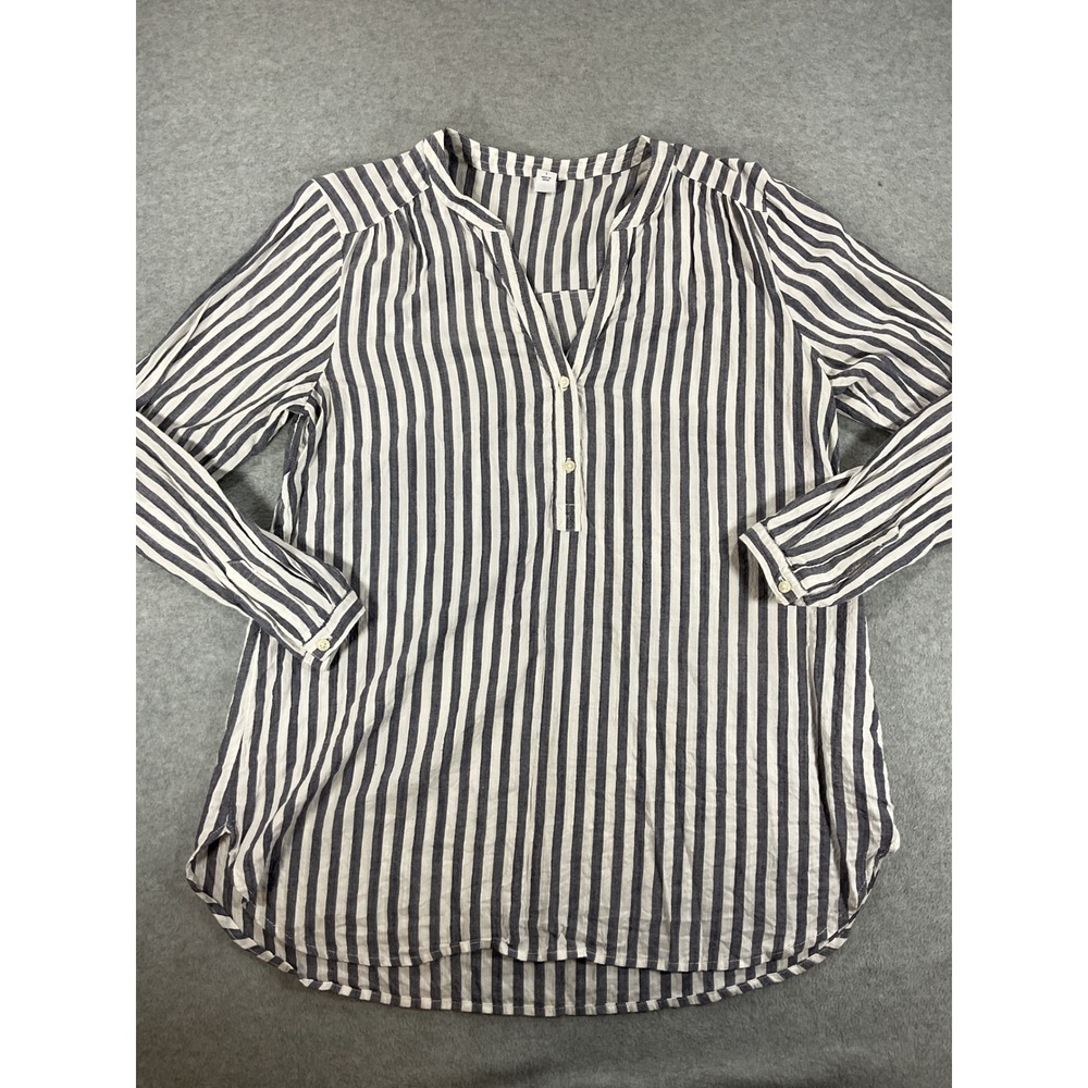 Old Navy Womens Large Blue White Striped Long Sleeve Tunic Blouse Henley 2982